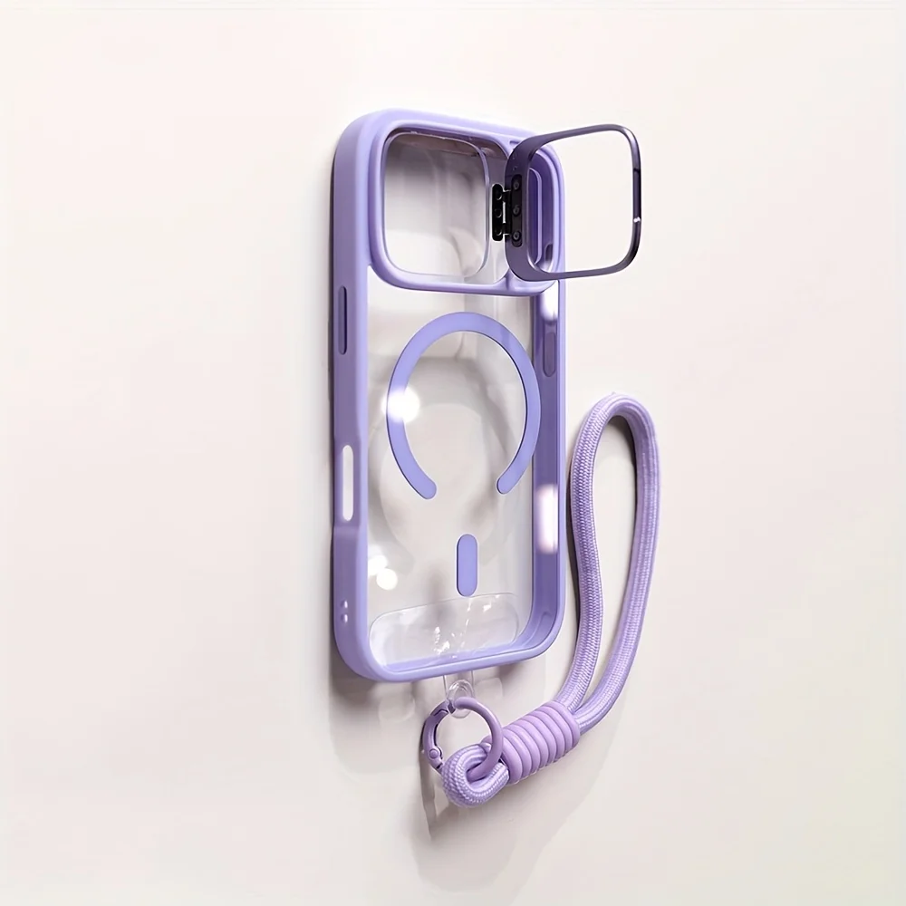(iphone 15 Morado Claro) Funda Transparente Magnética Con Soporte Para Lente Y Correa De Muñeca Magsafe