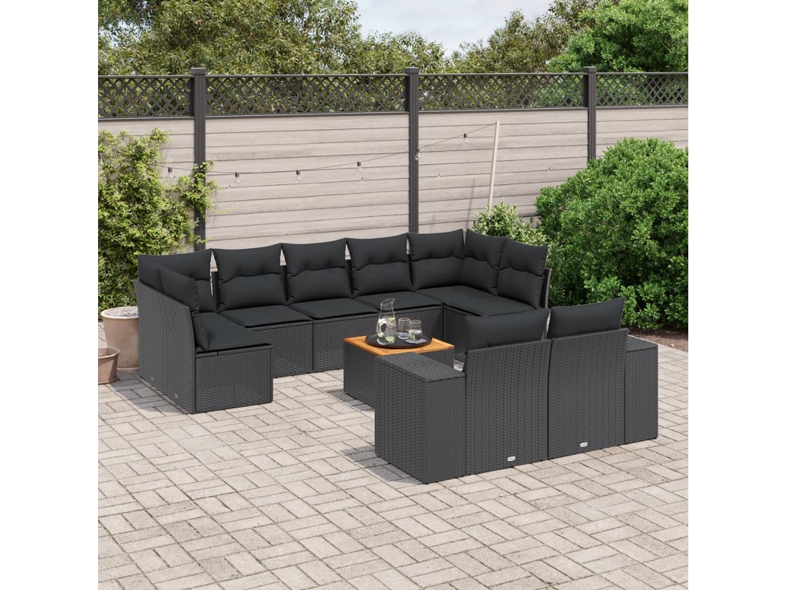 Conjunto de sofá de jardín de 10 piezas con cojines en mimbre sintético negro de DKD Home Decor
