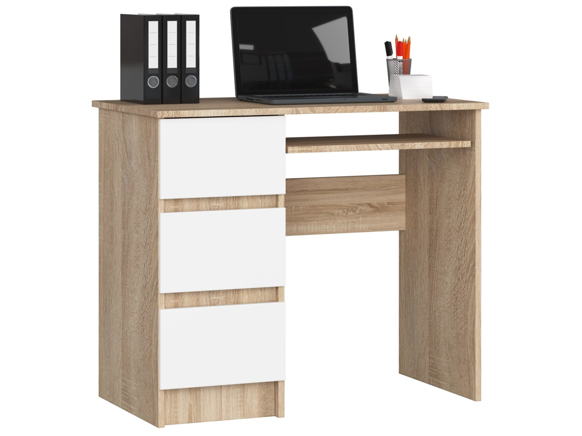 Escritorio De Ordenador Akord A6 Roble Sonoma 90 Cm Con Lado Izquierdo 3 Cajones Frente En Color Blanco 1 Estante 90x50x77 Cm