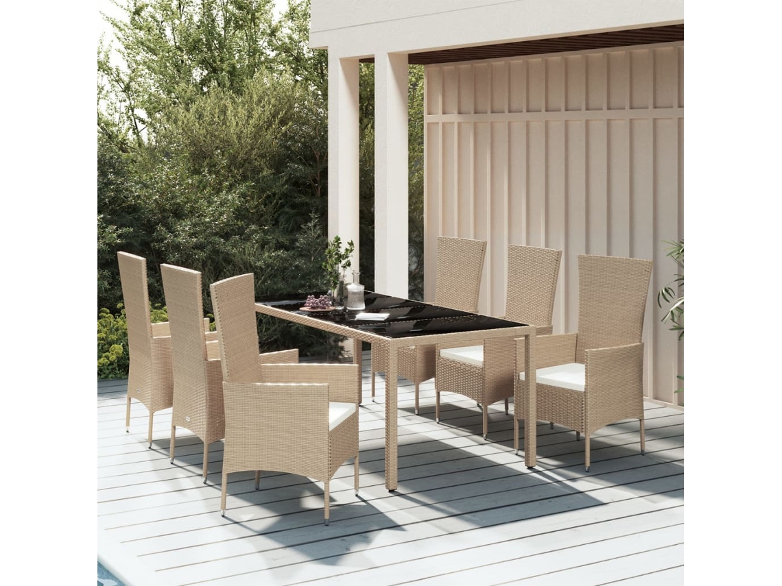 Juego de comedor de jardín de 7 piezas con cojines, mimbre sintético beige, DKD Home Decor