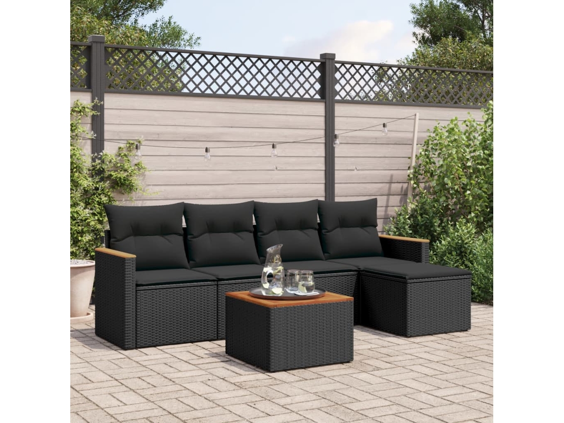 Conjunto de sofá de jardín de 6 piezas con cojines, mimbre sintético negro, DKD Home Decor