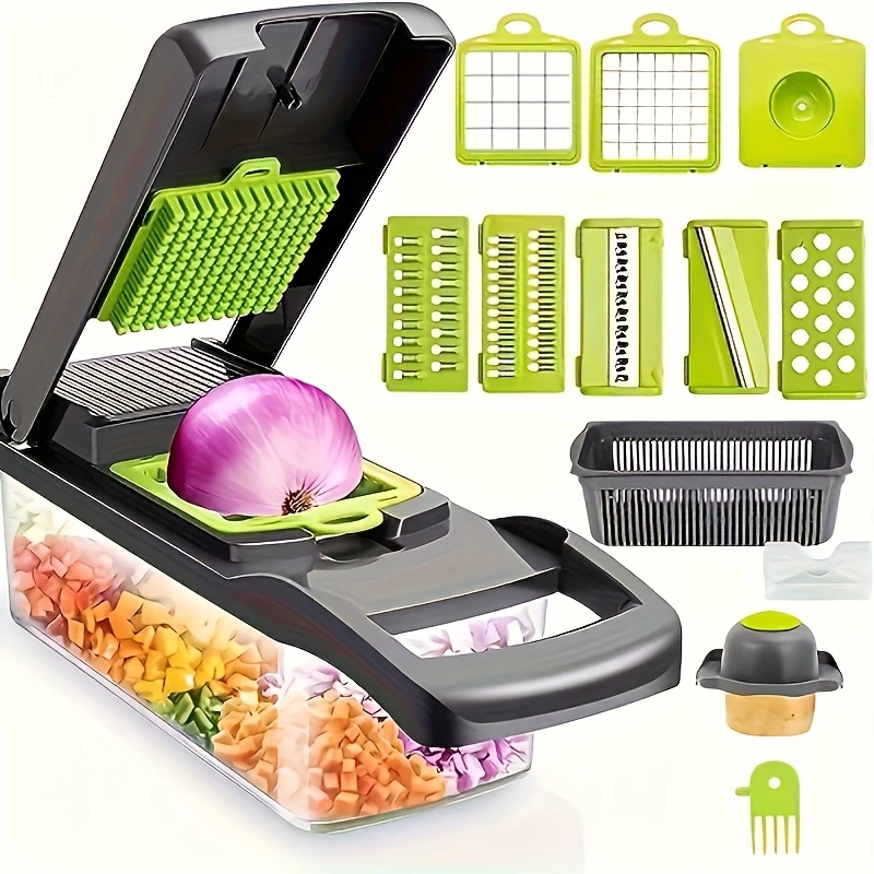Picadora de verduras manual 16 en 1 con 8 cuchillas, recipiente, pelador y colador