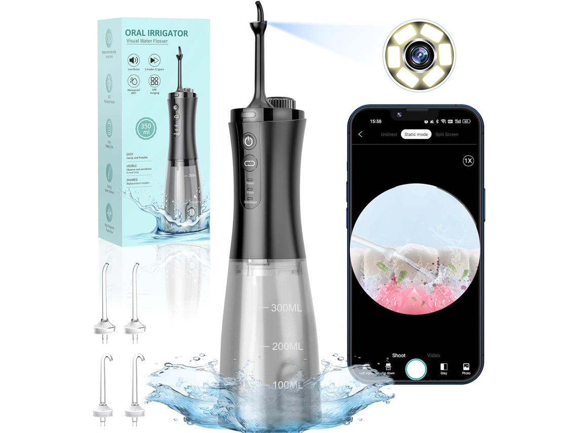 Irrigador Bucal Inalámbrico Negro De 350 Ml Con 12 Ajustes Y 5 Accesorios Para Limpieza Dental.