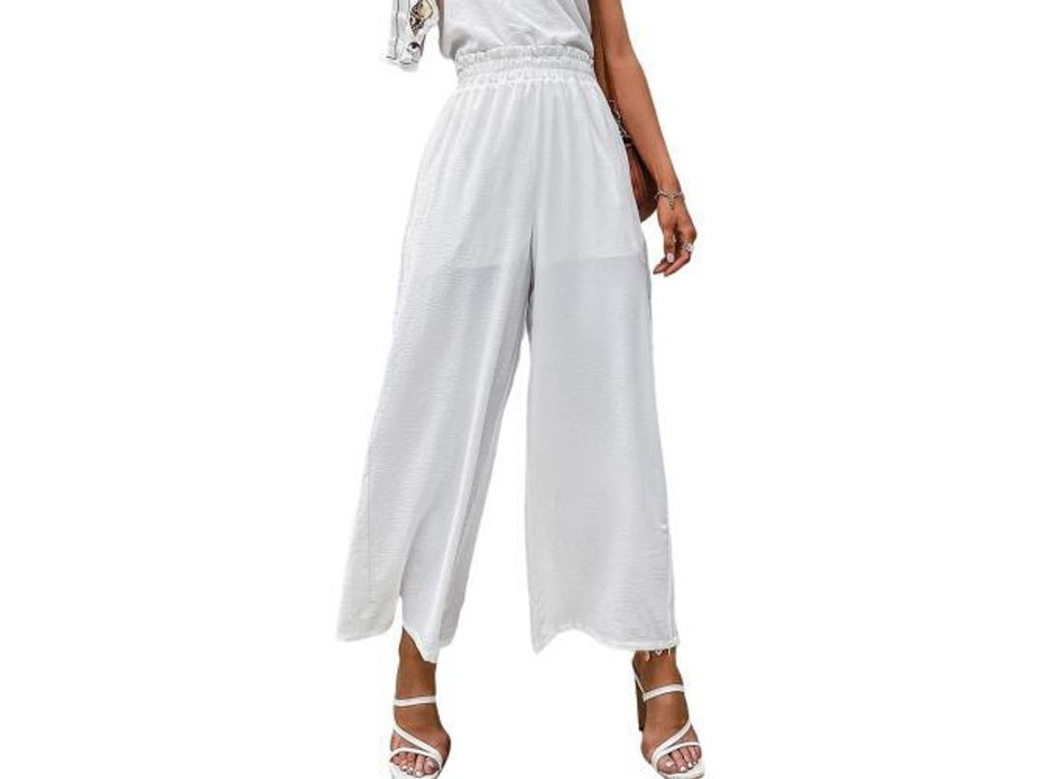 Pantalones de talle alto estilo boho para mujer de Rebe, corte holgado y fluido, 100 % poliéster, talla S, blanco.
