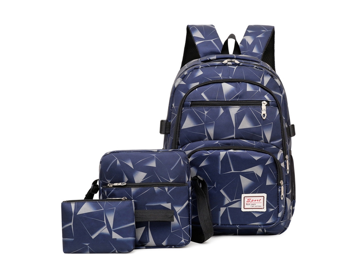 Mochila de tres piezas con estampado cuadrado, mochila escolar azul oscuro