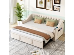 Sofá Cama De 90/180x190 Cm, Terciopelo Beige, Bolsillos Para Almacenamiento Usb, Somier De Láminas.