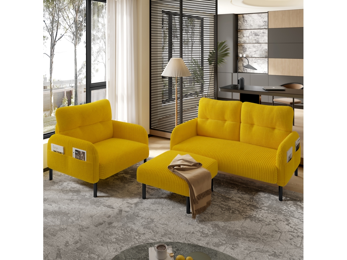 Conjunto 3 Piezas Cord: Sillón + Banqueta + Sofá 2 Plazas, Estructura Acero, Respaldo Suave, Asiento Profundo, Modular – Amarillo Mostaza