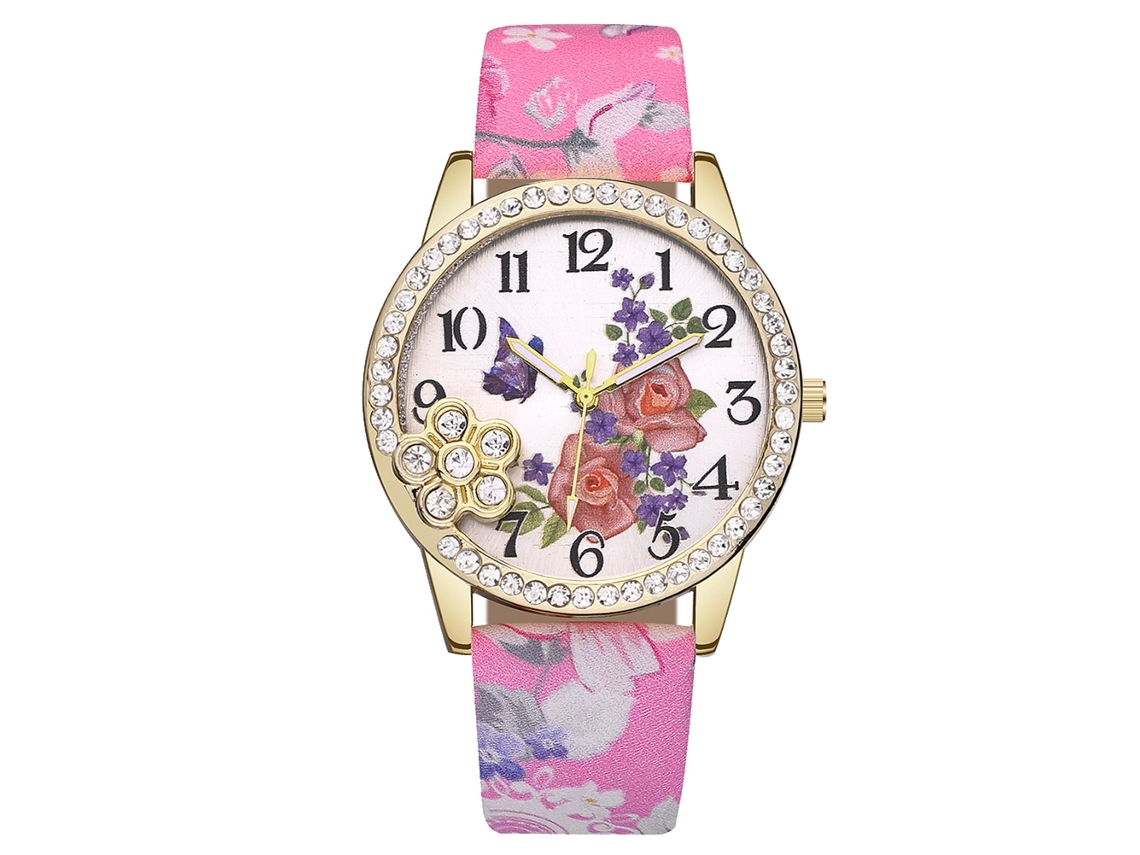 Reloj De Pulsera Para Mujer Con Correa De Pu Con Estampado Floral Y Diamantes De Imitación - Movimiento De Cuarzo Vansvar (rosa)