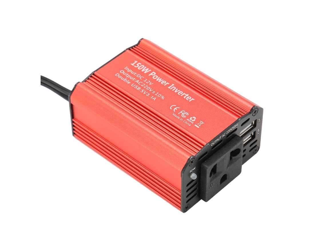 Inversor de corriente para coche de 150 W, 12 V CC a 220 V CA, con doble salida USB y 2,1 A para fuente de alimentación.