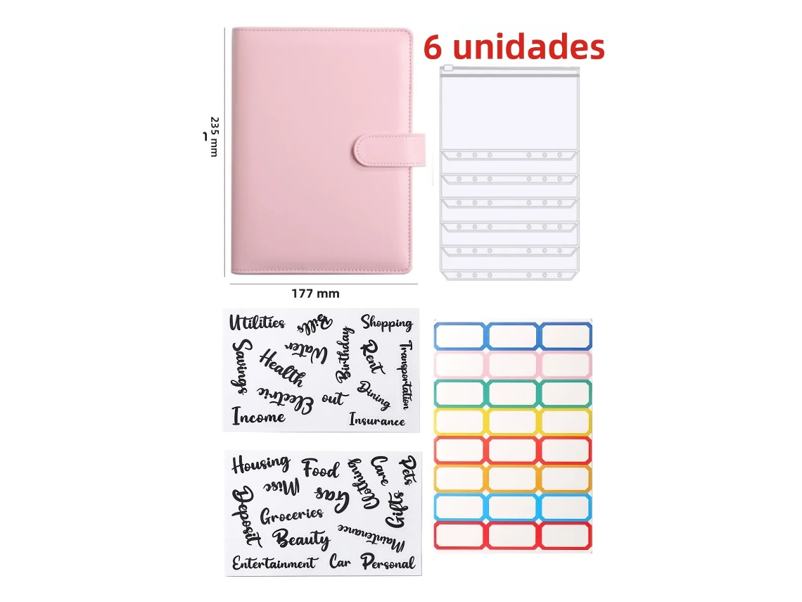 Carpeta de hojas sueltas A5 en piel sintética con ocho accesorios MDUG (rosa)
