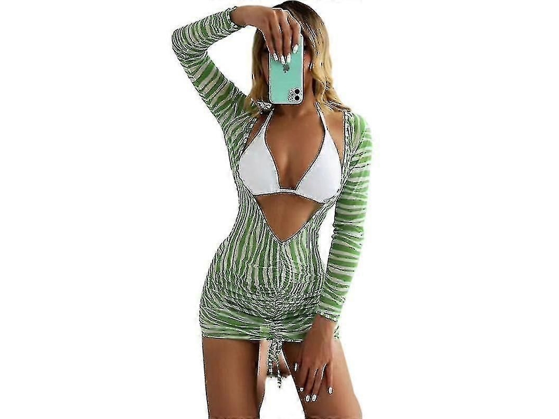 2026-conjunto De Bikini De 3 Piezas Tie Dye Halter Con Chaqueta De Manga Larga Para Playa Rayas Verdes H A