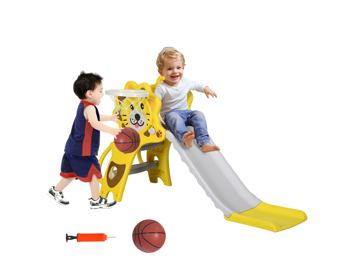 Tobogán Infantil Para Interior/exterior Con Aro De Baloncesto Para Niños De 18 A 36 Meses, Amarillo, Gris