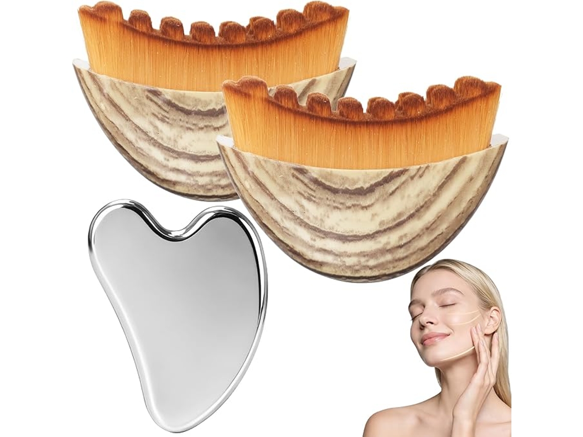 Set de Gua Sha facial de acero inoxidable, 2 piezas, para drenaje linfático, reduce la hinchazón y favorece el efecto lifting, color beige, SIURN