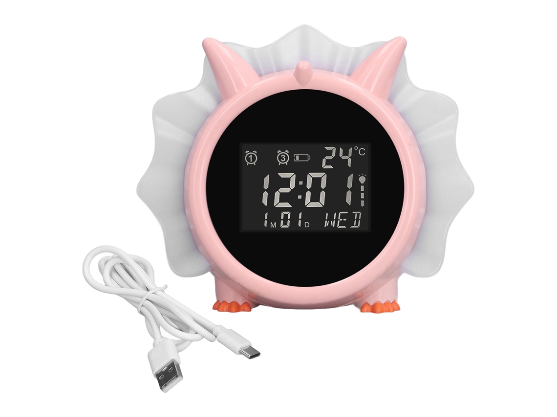 Reloj Despertador Rosa Con Forma De Dinosaurio Y Luz Nocturna Led Multifuncional Para Niños.