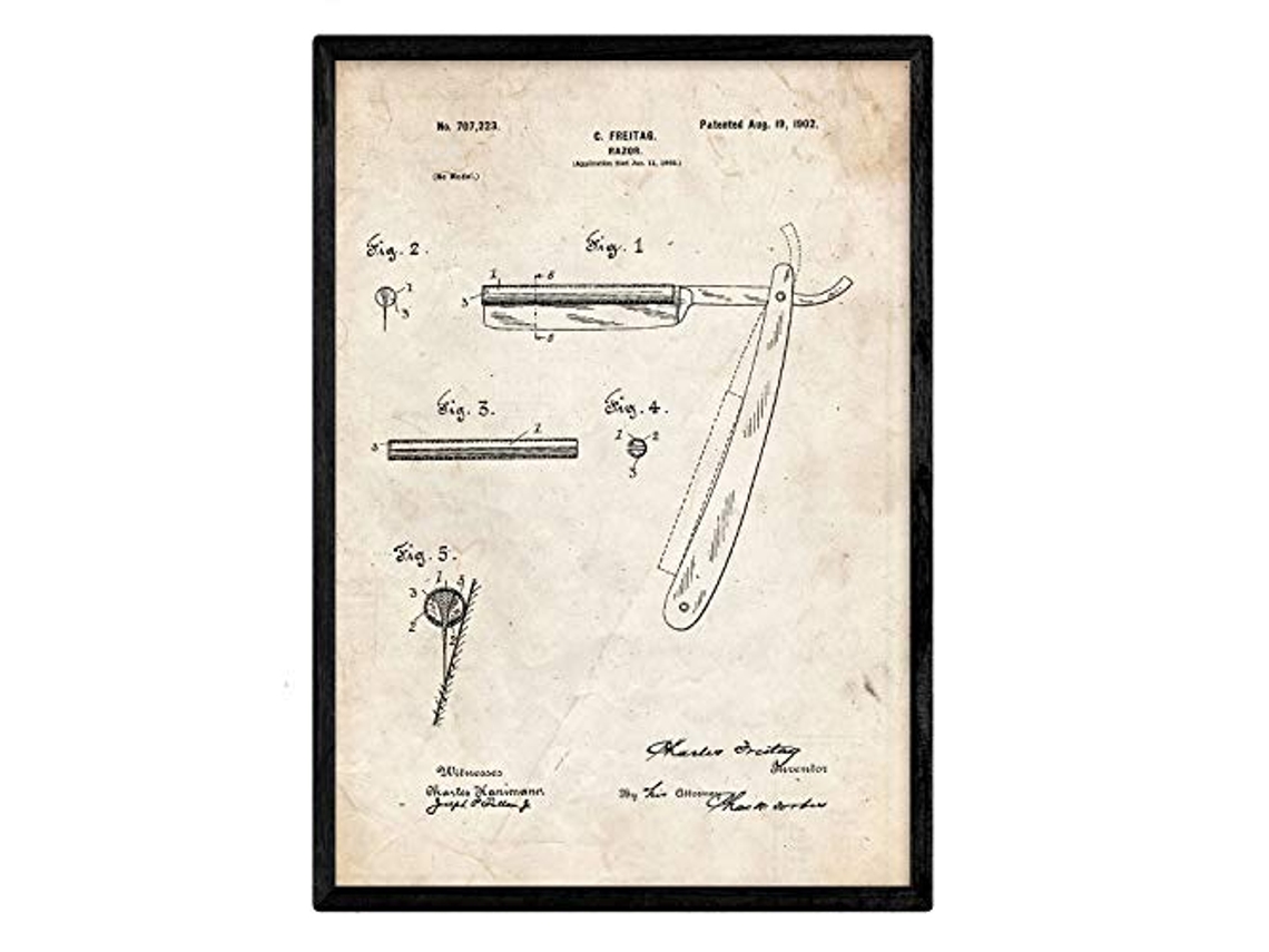 Póster NACNIC con Patente de Cuchilla de Afeitar. con Diseño de Patente Antigua.
