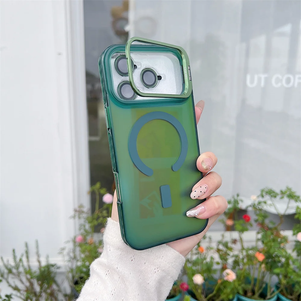 (iphone 14 Pro Max, Verde) Funda Magnética Magsafe Para Iphone Con Cristal Para La Lente Y Soporte Metálico.