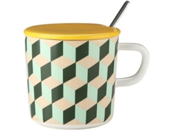 Taza de café, taza de cerámica a cuadros con tapa y cuchara.