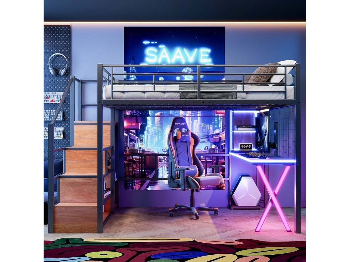 Cama Alta 140x200 Cm - Con Led, Escalera De Almacenamiento, Escritorio, Armario, Estantes - Negro