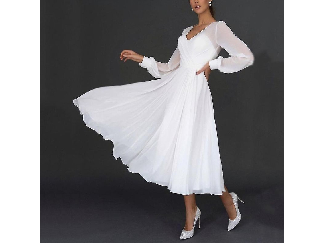2026-vestido Midi De Chiffon Blanco Con Escote V Para Mujer, Elegante Para Fiesta De Noche Y Boda, Verano 2021, Tallas S-2xl