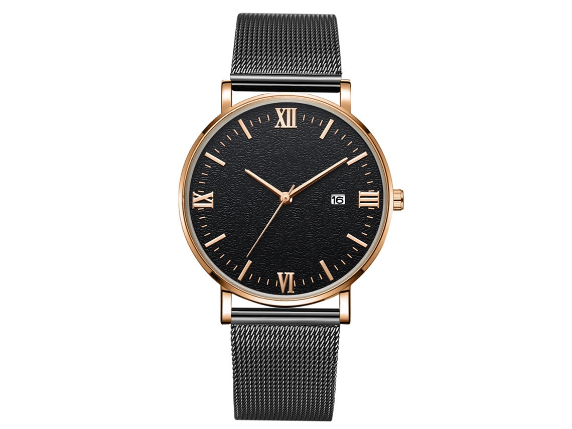Reloj De Muñeca Mecánico De Cuarzo Para Hombre Deportivo (correa Negra Caja Oro Rosa)