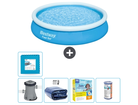 Piscina hinchable redonda Fast Set BESTWAY - 366 x 76 cm - Azul - Bomba incluida Vela solar - Paquete de mantenimiento - Filtrar - Baldosas
