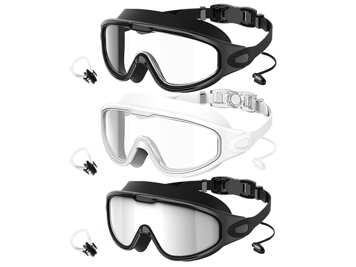 Nuevas gafas de natación con protección UV2000C, negro transparente + blanco transparente + negro plateado (incluye pinza nasal + estuche de color).