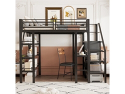 Cama Alta 140x200 Cm, Hierro, Estante 3 Niveles, Escritorio, Armario, Escalera Con Almacenaje, Cerca Alta, Negra