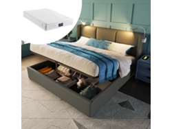 Cama Tapizada 160x200 Cm, Almacenamiento, Cabecero Led Con Usb, Piel Sintética, Colchón Y Base Incluidos.