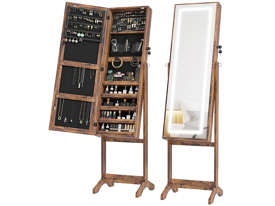 Espejo de joyería LED inclinable con 3 ángulos, cierre magnético, 2 llaves, color marrón rústico.