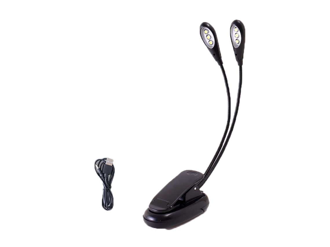 Lámpara de clip ajustable con doble cabezal, cuello de cisne flexible que se inclina 360 grados, ligera y compacta para facilitar su transporte, funciona con 3 baterías.