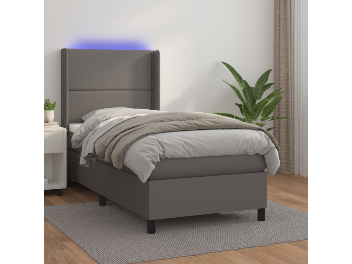 Cama Box Spring Y Colchón Led Cuero Sintético Gris 90x200 Cm