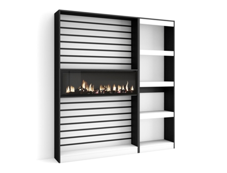 Librería estantería, 170x186x25cm, Salón - Comedor - Oficina, Chimenea eléctrica, Blanco y negro
