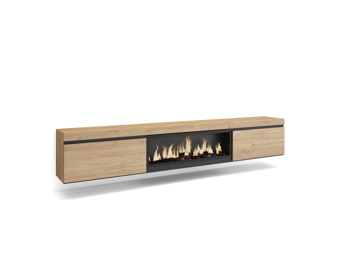 Mueble de TV | Amplio espacio de almacenamiento | 267 x 45 x 35 cm | TV de gran formato | Chimenea eléctrica XXL | Colgante | Roble Duérmete Online