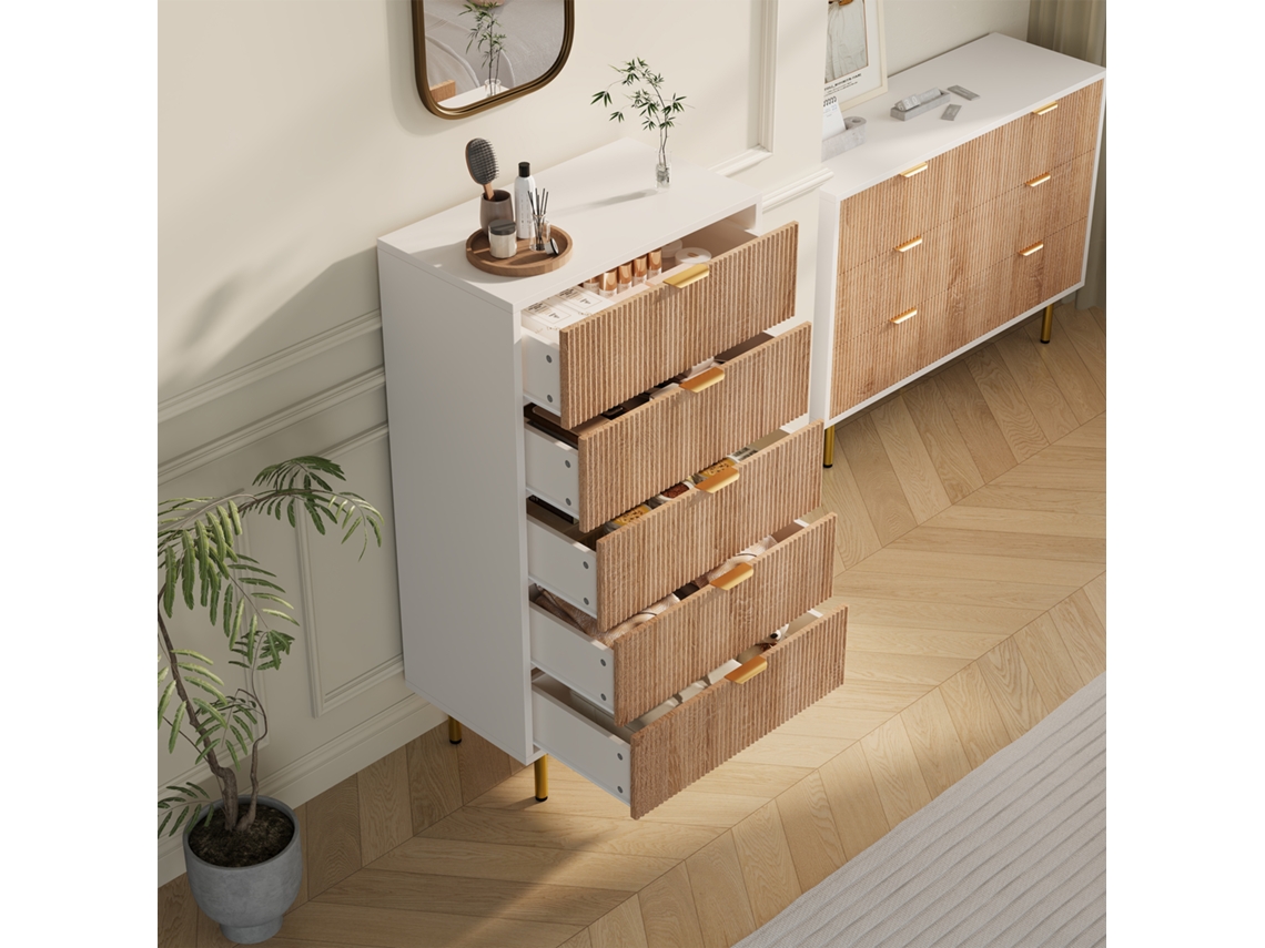 Cómoda 5 Cajones Madera Y Blanco Con Tiradores Dorados Estilo Moderno