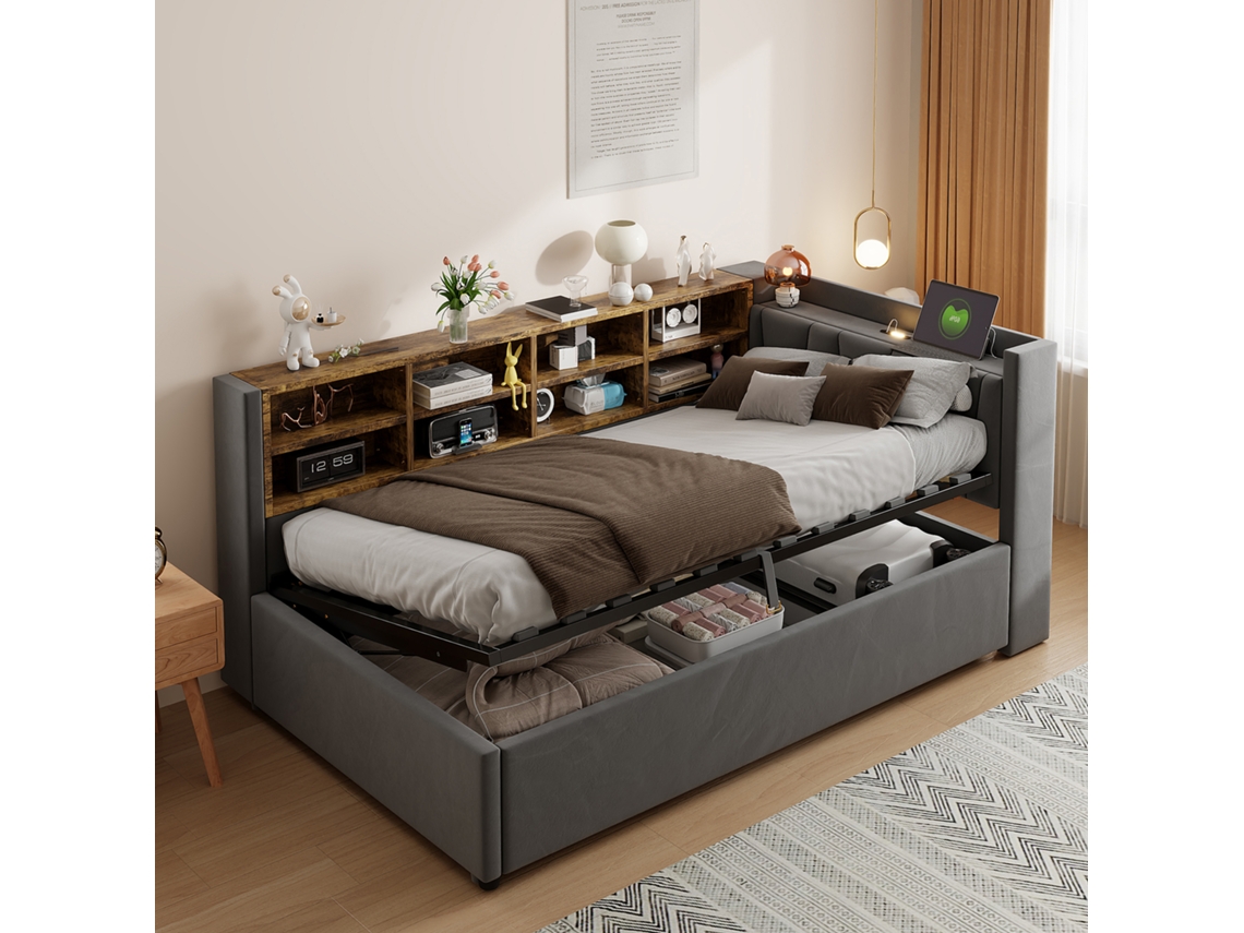 Cama De Terciopelo Gris Oscuro De 90x200 Cm Con Cabecero Hidráulico, Iluminación Led Y Conexión Usb C, Además De Espacio De Almacenamiento.