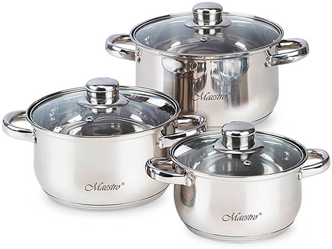 Batería de Cocina Acero Inoxidable, 6 Piezas, Inducción, Tapas Cristal, MAESTRO Todo Tipo de Cocinas