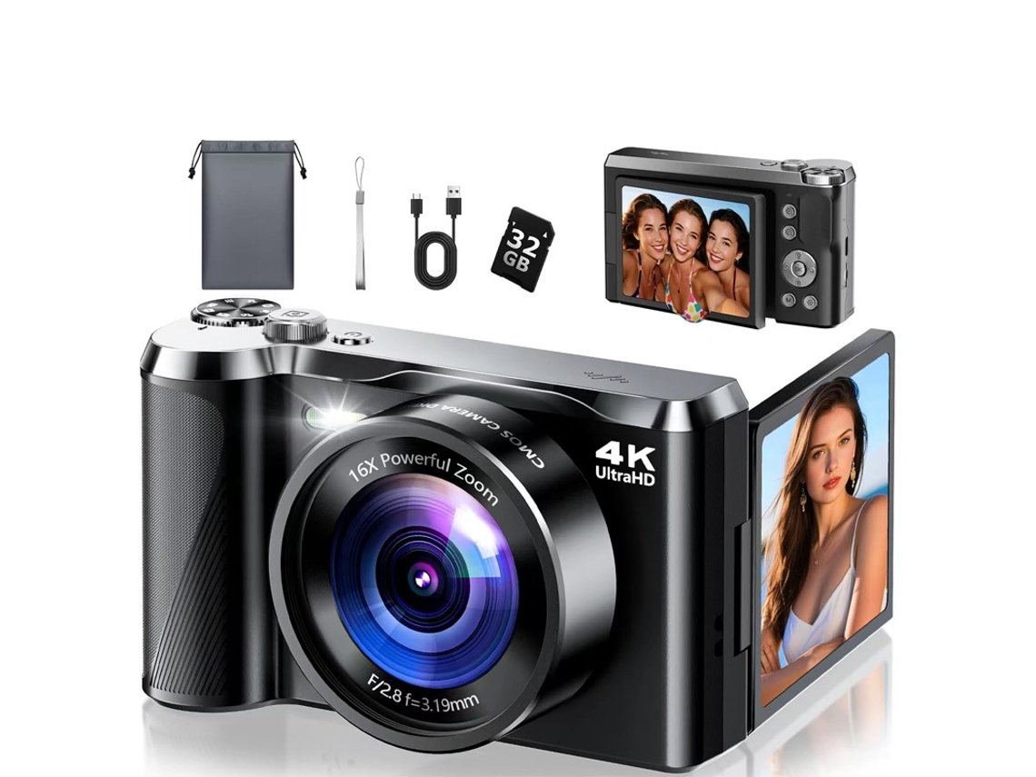Cámara Digital 4k, Enfoque Automático Rápido De 0,2 S, Pantalla Abatible De 180º, 48 Mp (negra).