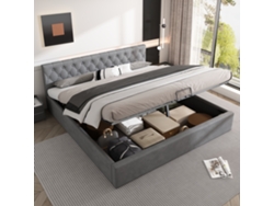 Cama De Terciopelo De 180x200 Cm Con Botones Y Elevador Hidráulico, Color Gris.