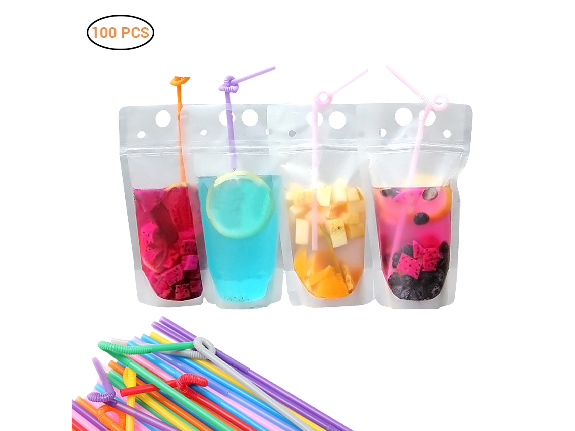 100 Bolsas Translúcidas Esmeriladas Para Bebidas Con Cierre De Cremallera Y Pajitas, 400-500 Ml, Pe/pet De Grado Alimenticio
