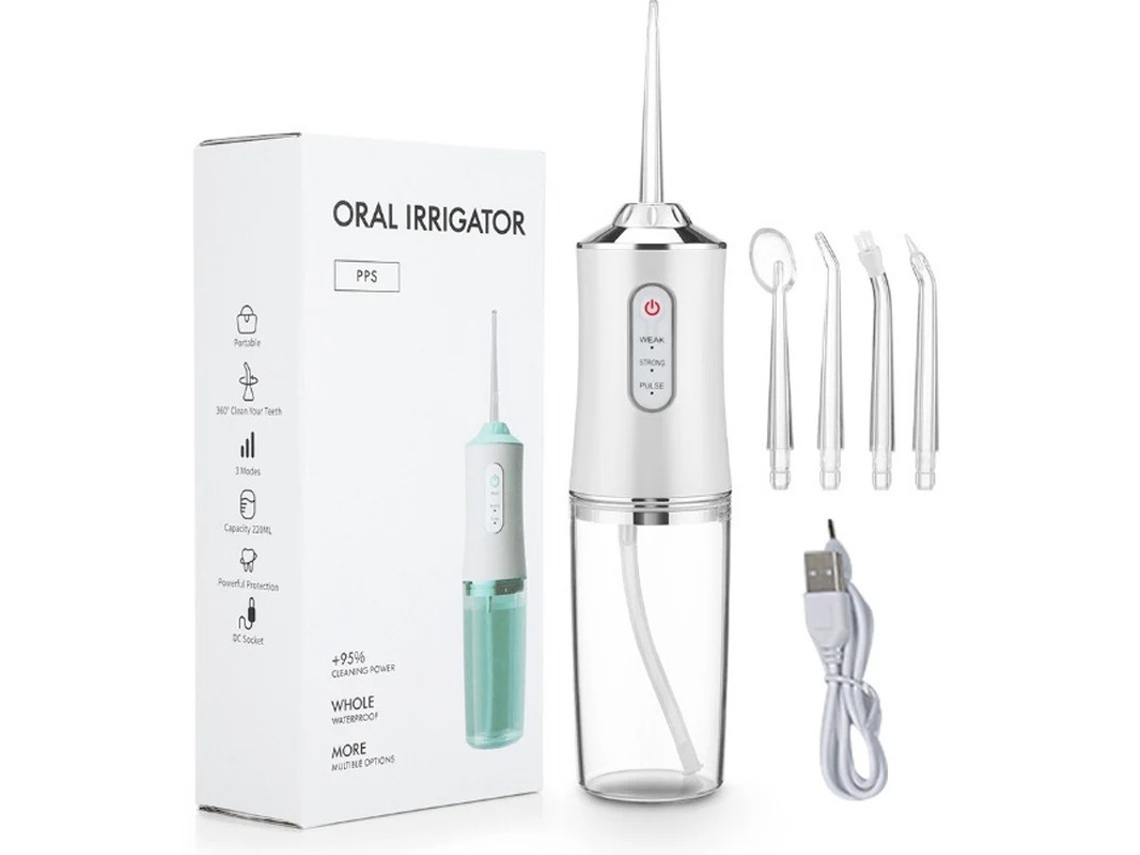 Irrigador bucal eléctrico portátil, raspador dental, eliminador de sarro, limpieza bucal, blanco, 4 boquillas, Yizhood