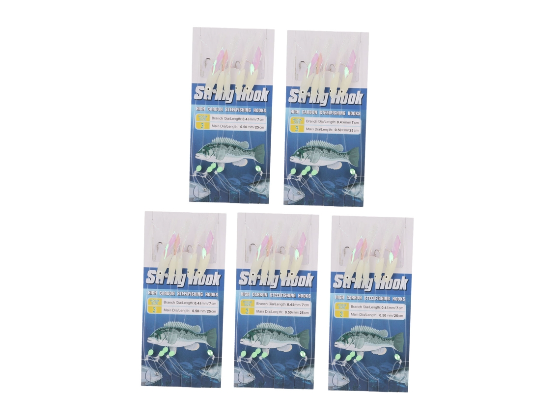 Kit de 5 señuelos luminosos con plumas, anclas y anzuelos de acero al carbono, para pesca (sin marca).