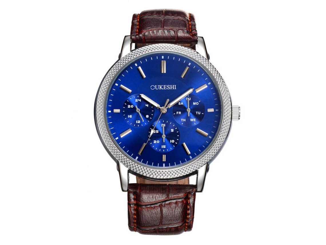 Reloj analógico de cuarzo para hombre con correa de PU, estilo casual (marrón y azul)