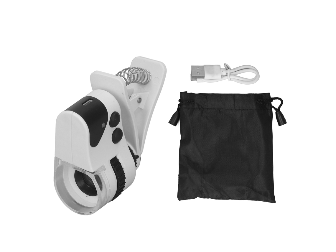 Microscopio Acoplable De 50 Aumentos Para Teléfonos Móviles Con Luz Led Y Detector De Billetes, Recargable Mediante Usb.