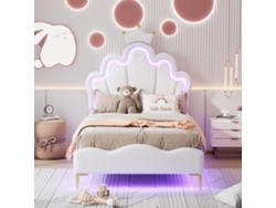 Cama De Princesa De 90x200 Cm En Piel Sintética Blanca Con Iluminación Led Regulable Y Cabecero Tapizado En Forma De Corona.