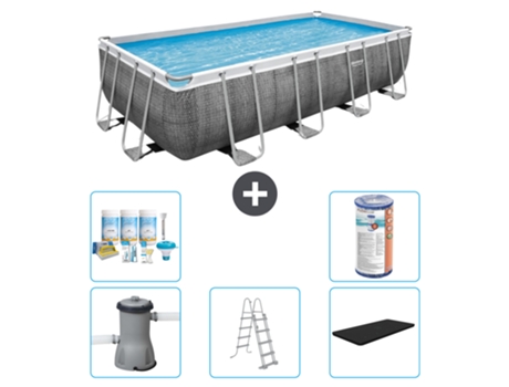 Piscina BESTWAY Rectangular Power Steel - Estampado Ratán - 488 x 244 x 122 - Incluida Bomba - Escalera - Cobertor Paquete de mantenimiento - Filtrar