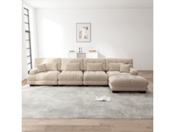 Sofá modular de 4 plazas en forma de L en color Cloud con puf móvil, acabado chenilla marrón claro.
