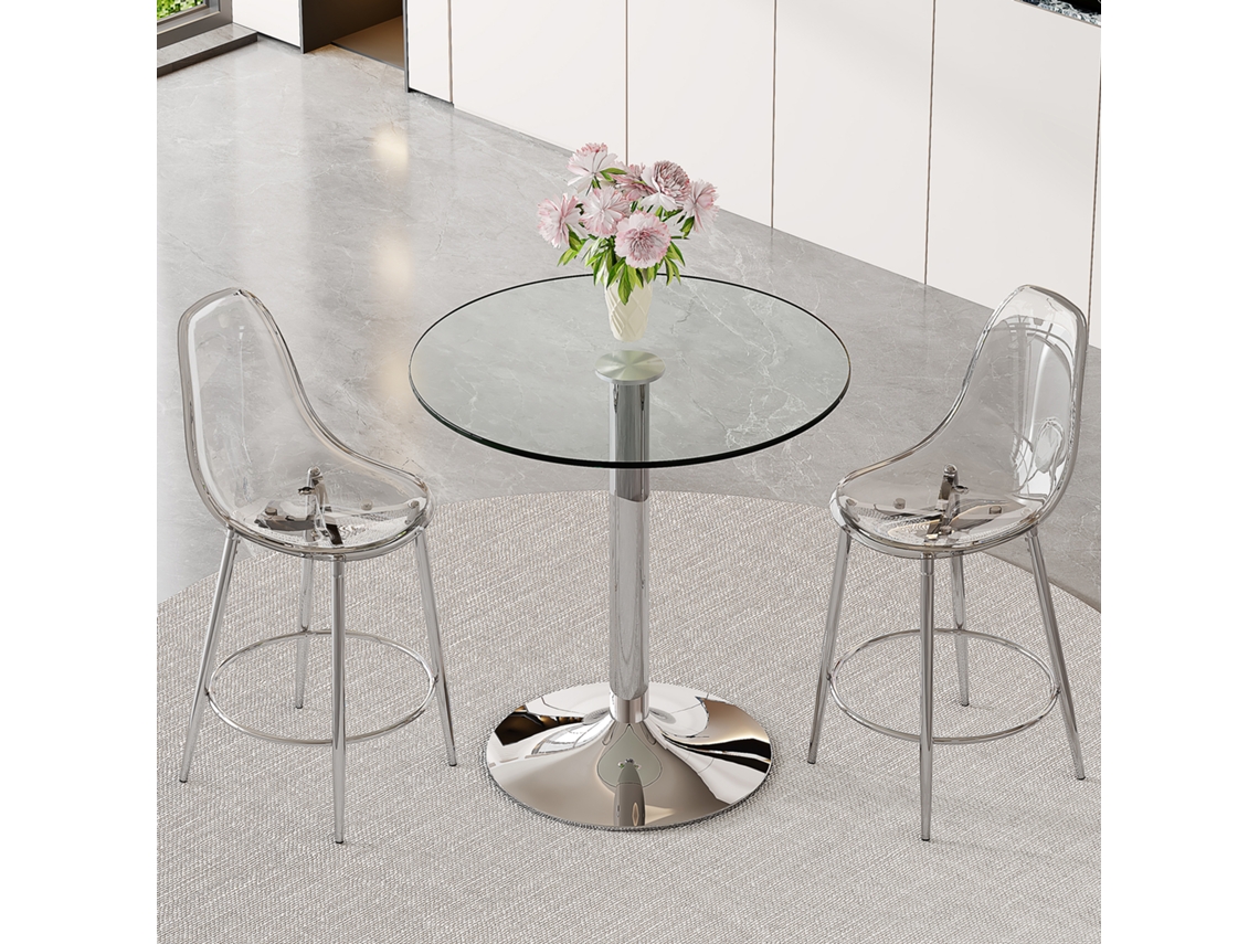 Juego De Bar Con Mesa De Cristal (89 Cm) Y 2 Taburetes Plateados Transparentes.
