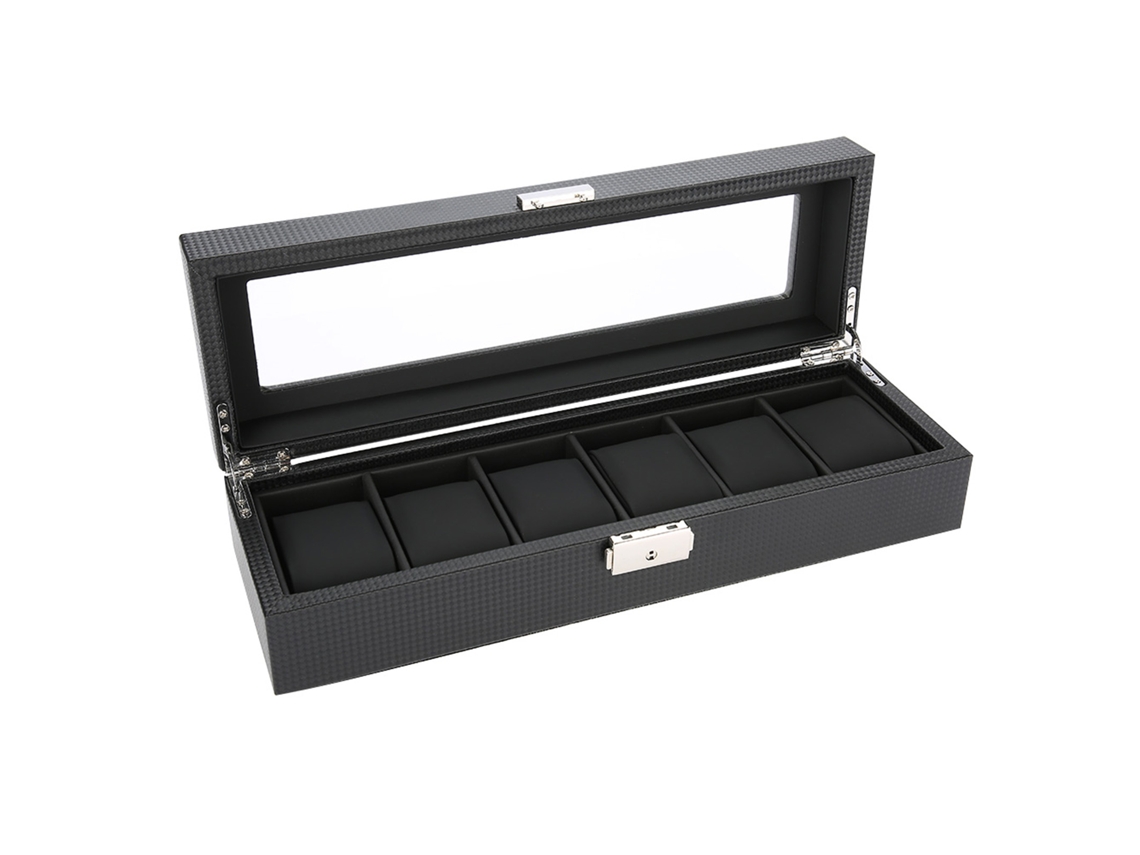 Estuche Para Reloj De Cuero De Fibra De Carbono Pu Con 6 Rejillas