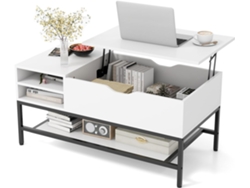 Mesa de Centro Elevable, Mesa de Café con Compartimento Oculto y Estante de Almacenamiento Extraíble, y Estante Inferior (Blanco) COSTWAY