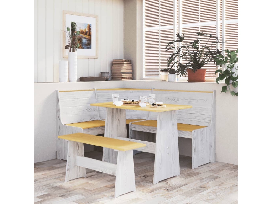 Banco de interior | Banco esquinero Reine de 151 cm de pino macizo color marrón miel y blanco